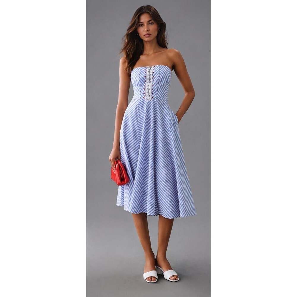 ANTHROPOLOGIE MAEVE New Women's Midi Dress MEDIUM Blue White Striped 100% Cotton